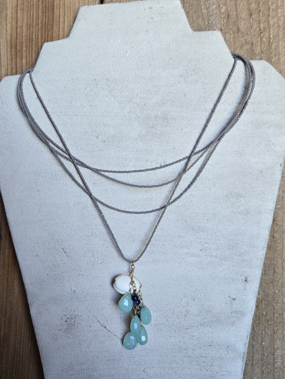David Aubrey Multi-Strand Beaded Necklace Aqua Blue Stone Dangle Pendant Boho